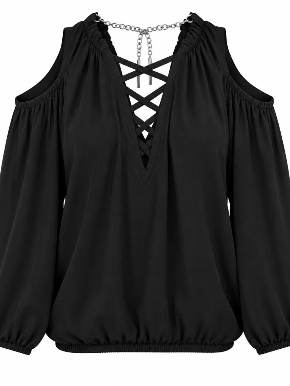 BOLD Elements 0X Black Cold Shoulder Criss Cross Silver Chain Blouse Plus
